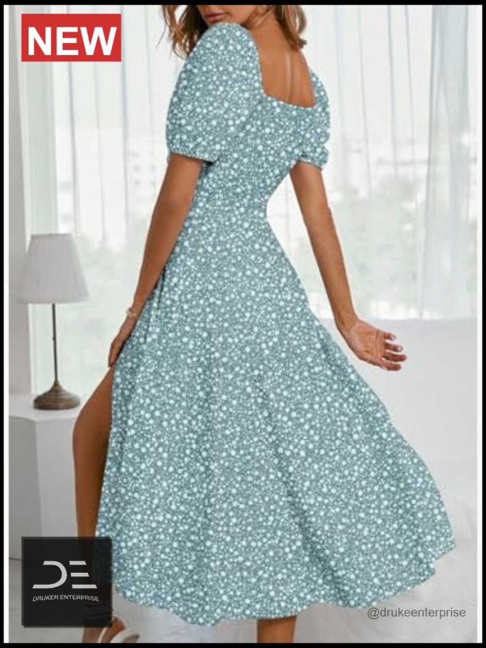 Square Neck Puff Short Sleeve High Waist Midi Dress with Side Slit - Picture 3 of 7